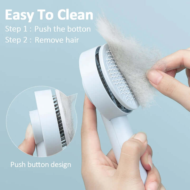 Pet detangling comb for dogs and cats showing easy cleaning steps with push button design.