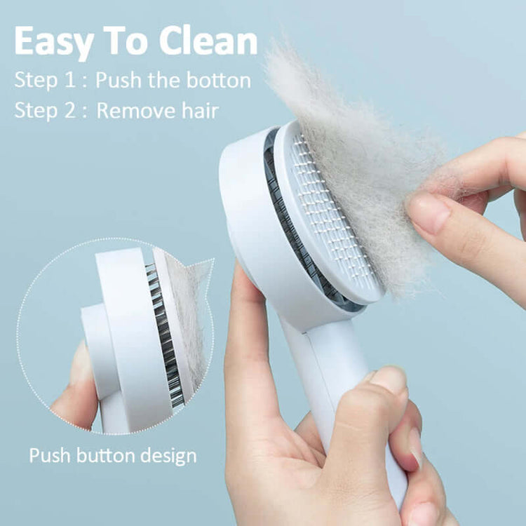 Pet detangling comb for dogs and cats showing easy cleaning steps with push button design.