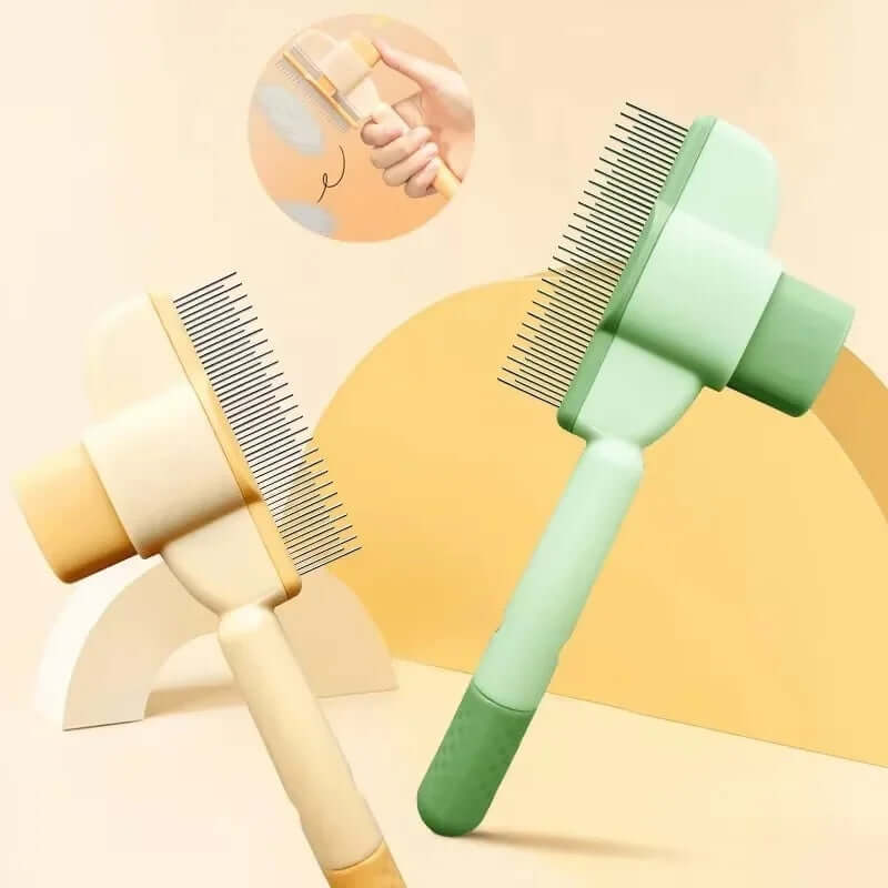Two one-click pet grooming brushes in soft colors for efficient pet hair removal.