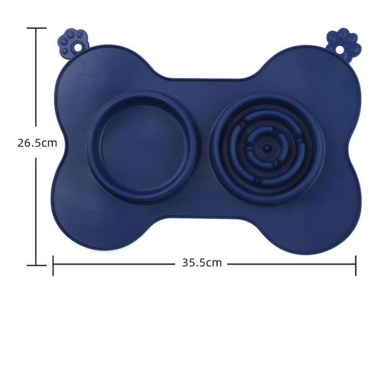 Non-slip silicone lick mat for pets in navy blue, featuring two sections for food or treats, dimensions 35.5cm x 26.5cm.