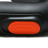 Close-up of the button on a pet grooming brush vacuum attachment for easy usage and control.
