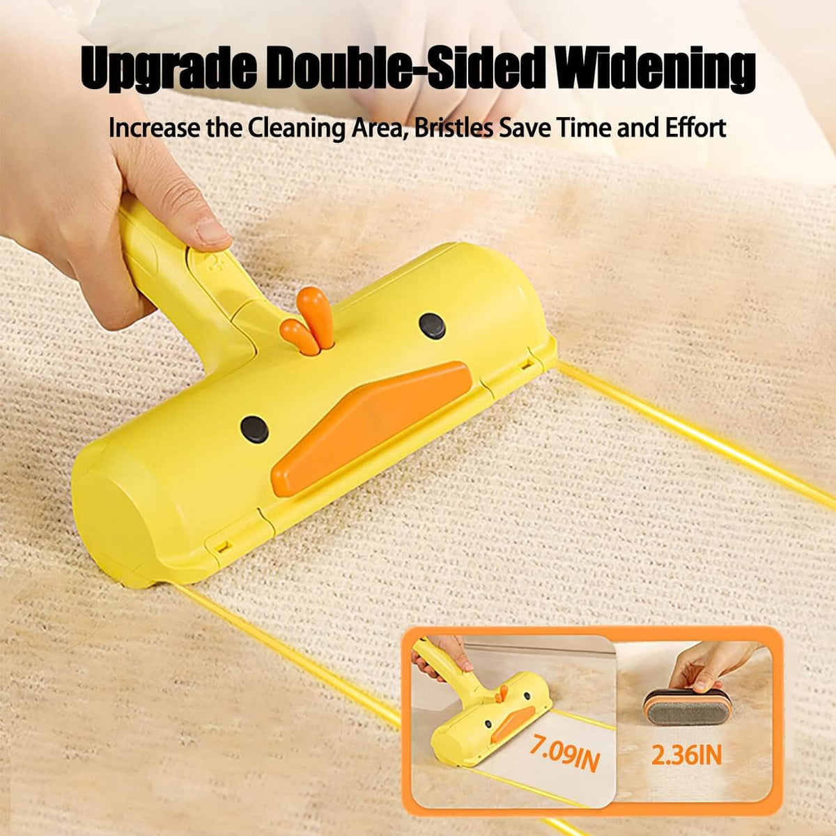 Reusable pet hair remover roller in action, effectively cleaning pet hair from fabric surfaces.
