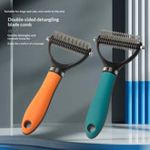 Double-sided detangling blade comb suitable for dogs and cats; multifunctional pet grooming comb for loose fur.