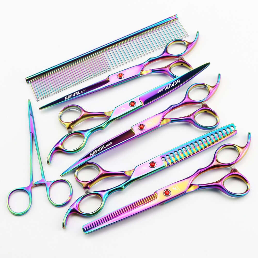 5-piece professional pet grooming scissors set including scissors, comb, and thinning shears in colorful finish.