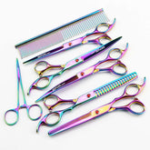 5-piece professional pet grooming scissors set including scissors, comb, and thinning shears in colorful finish.