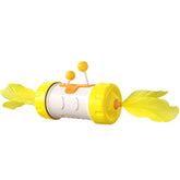 Interactive feather wand cat toy with yellow tumbler figure and feathered ends.
