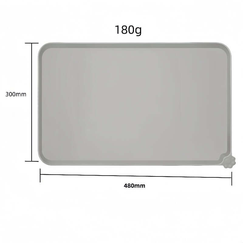 waterproof non-slip silicone pet mat dimensions showing length 480mm and width 300mm in gray color
