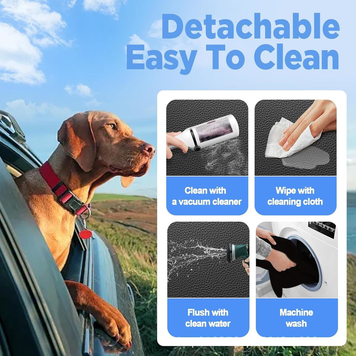 Car back seat extender for dogs shown in image with detachable features for easy cleaning.