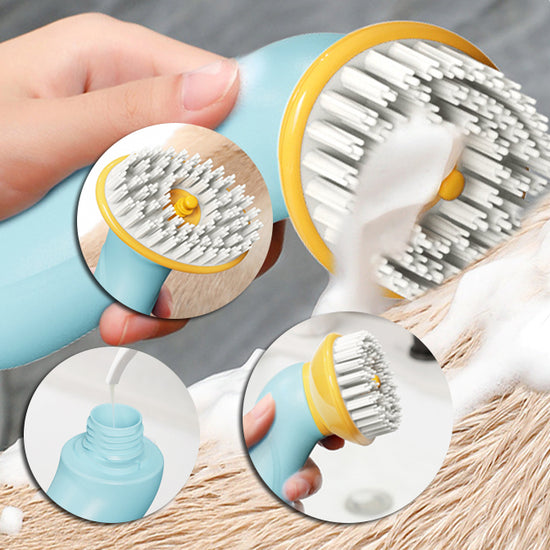 Manual pet bath massage brush in use, providing grooming and cleaning for dogs and cats.