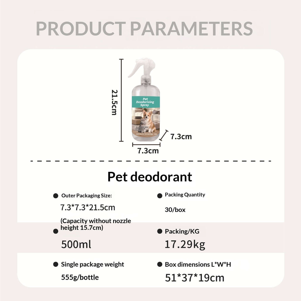 Pet deodorizer for dogs and cats 500ml spray bottle with detailed product parameters included.