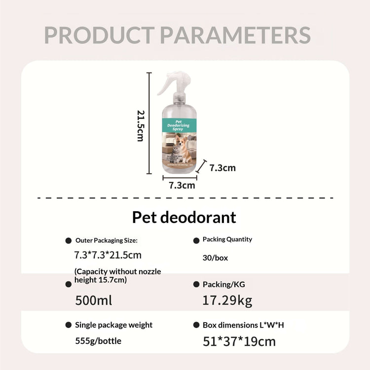 Pet deodorizer for dogs and cats 500ml spray bottle with detailed product parameters included.