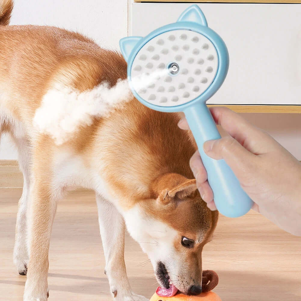 steam cleaning grooming brush for cats in use, efficiently removing pet hair while providing a massage to a dog.
