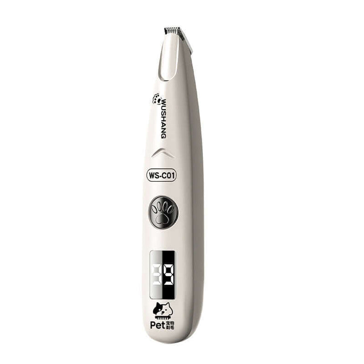 Rechargeable pet hair clipper for dogs and cats in white color with an intelligent digital display and stainless steel blade.