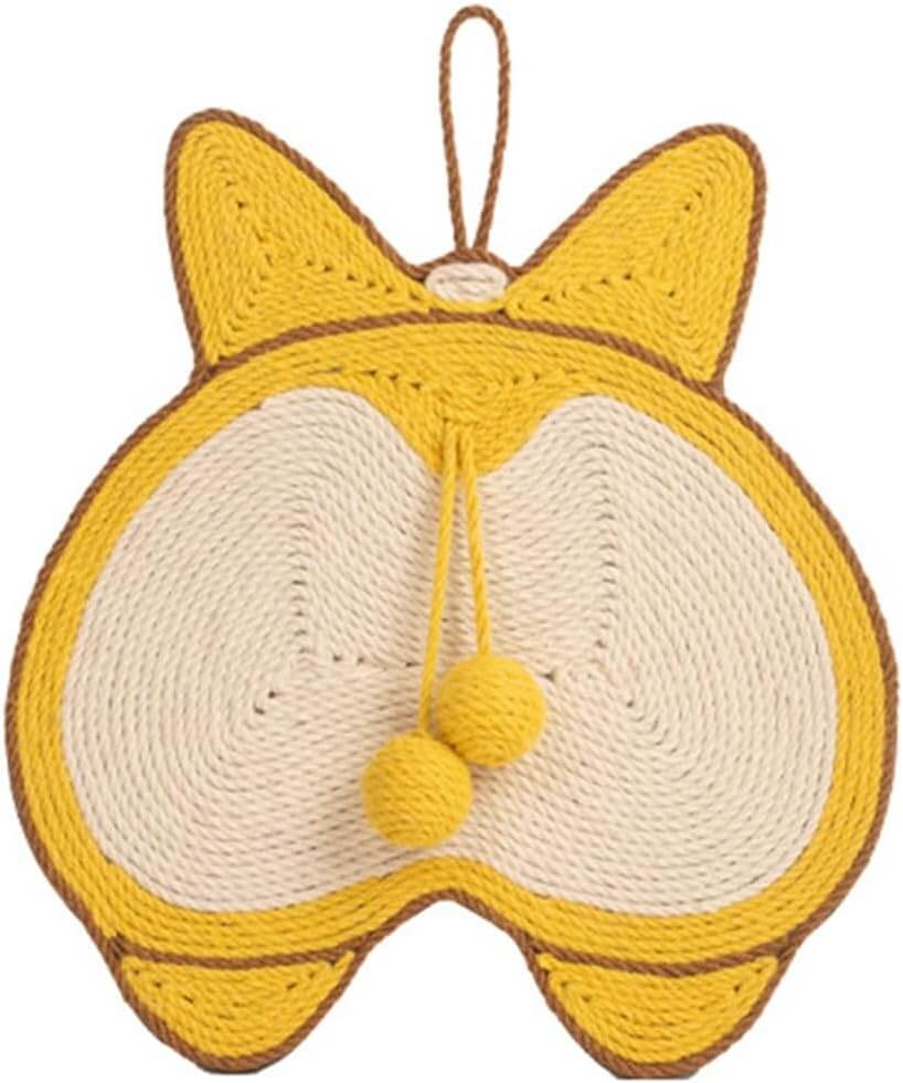Sisal cat scratching mat featuring adorable yellow Corgi butt design with hanging option and natural materials.