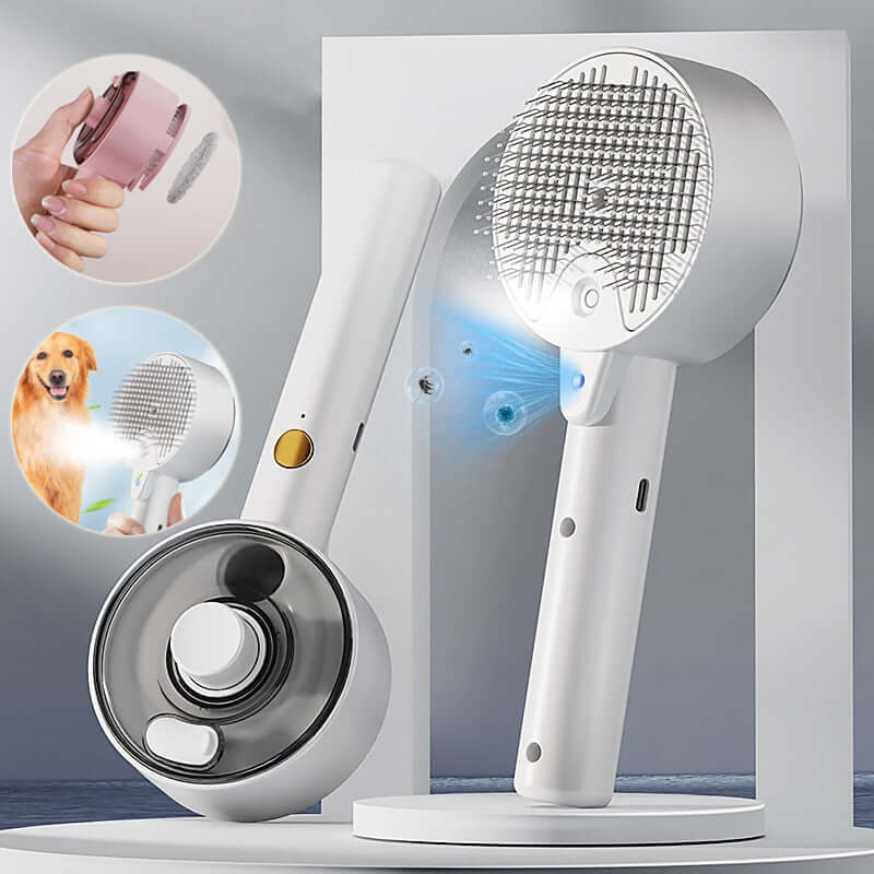 Steam grooming brush for pets with mist and UV sterilization for effective grooming.