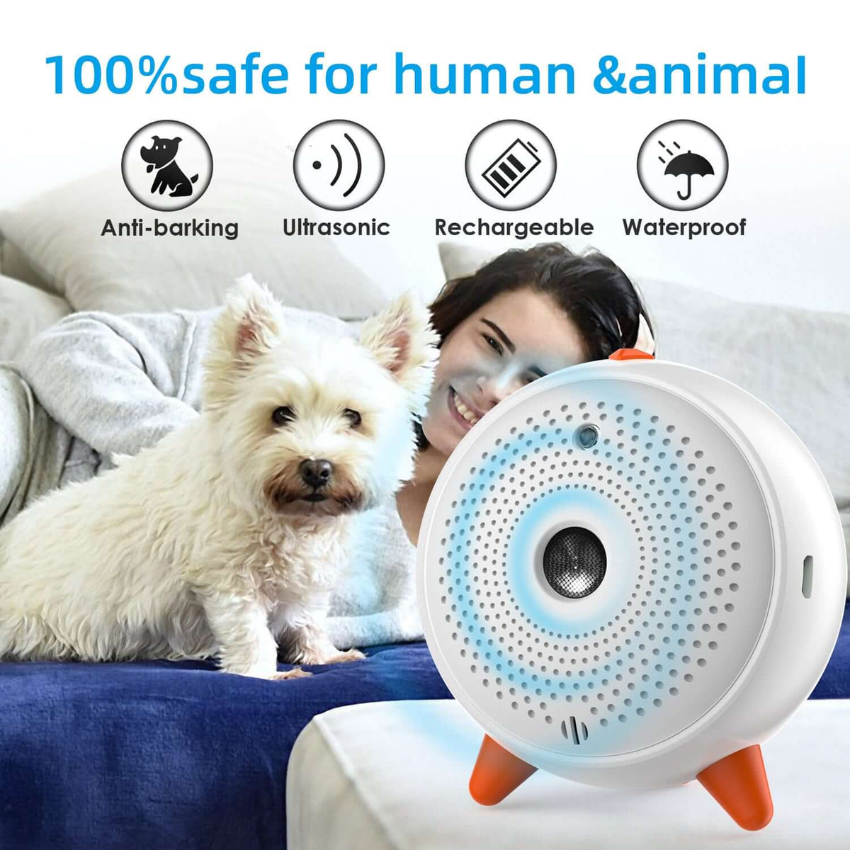 Ultrasonic Anti-Bark Device for Dogs displayed with pet, showcasing ultrasonic bark control device features like safety and rechargeability.