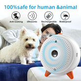Ultrasonic Anti-Bark Device for Dogs displayed with pet, showcasing ultrasonic bark control device features like safety and rechargeability.
