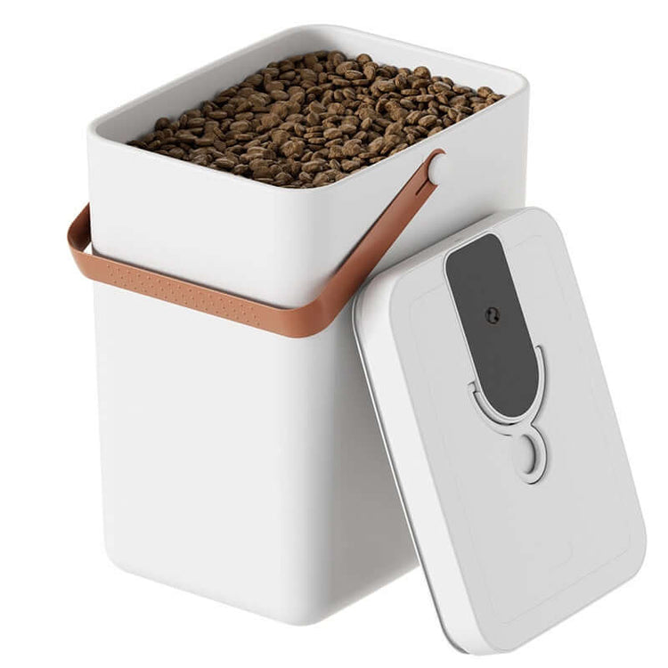 Smart vacuum-sealed pet food container for storing cat and dog kibble securely.