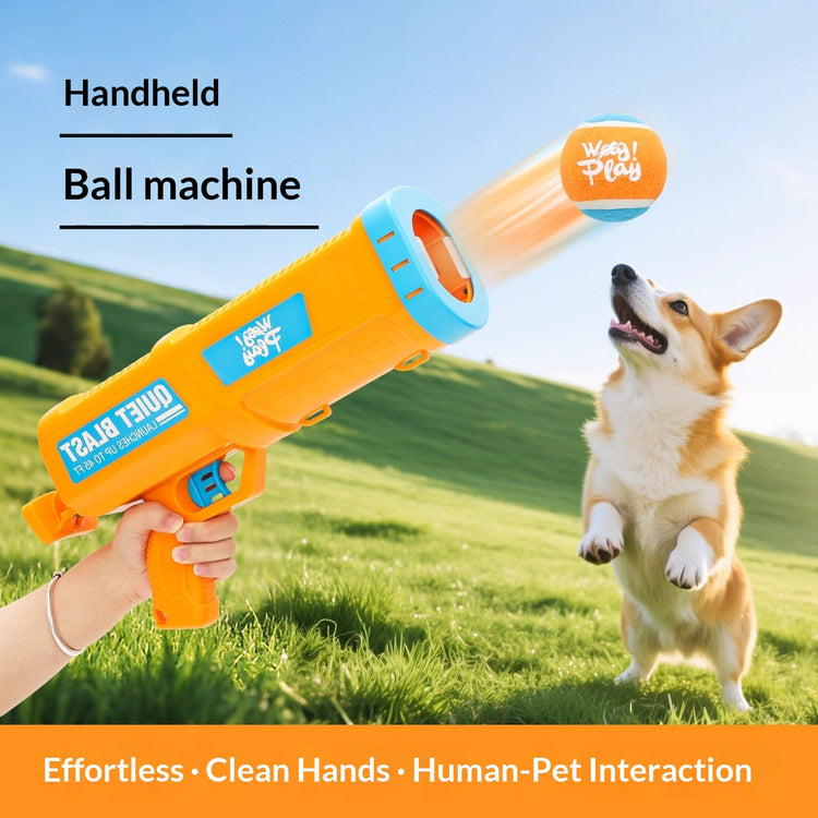 Durable chew ball launcher for dogs with orange tennis ball in action, perfect for pet play.