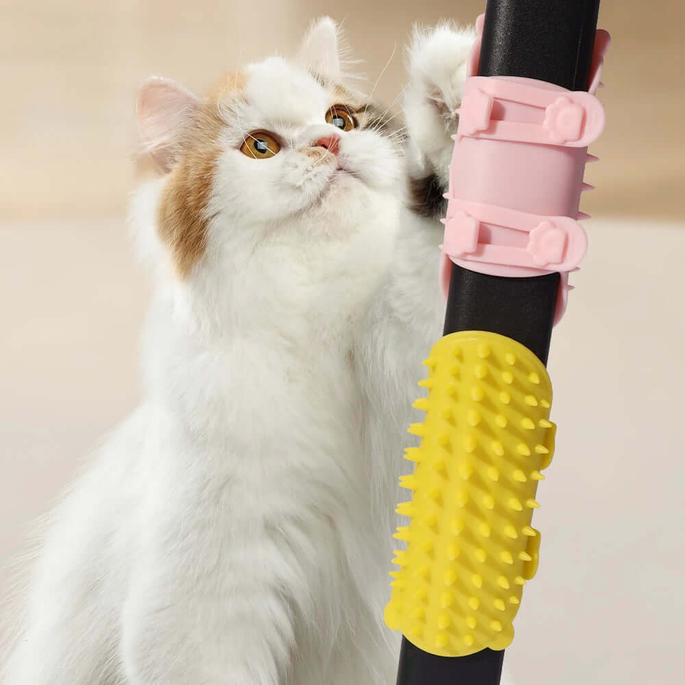 Cat hair removal massage comb for grooming, featuring a cat exploring the yellow and pink brush.