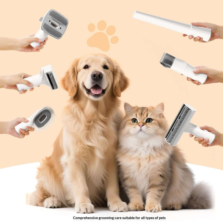 Multifunctional pet hair trimmer and remover with grooming tools for dogs and cats.