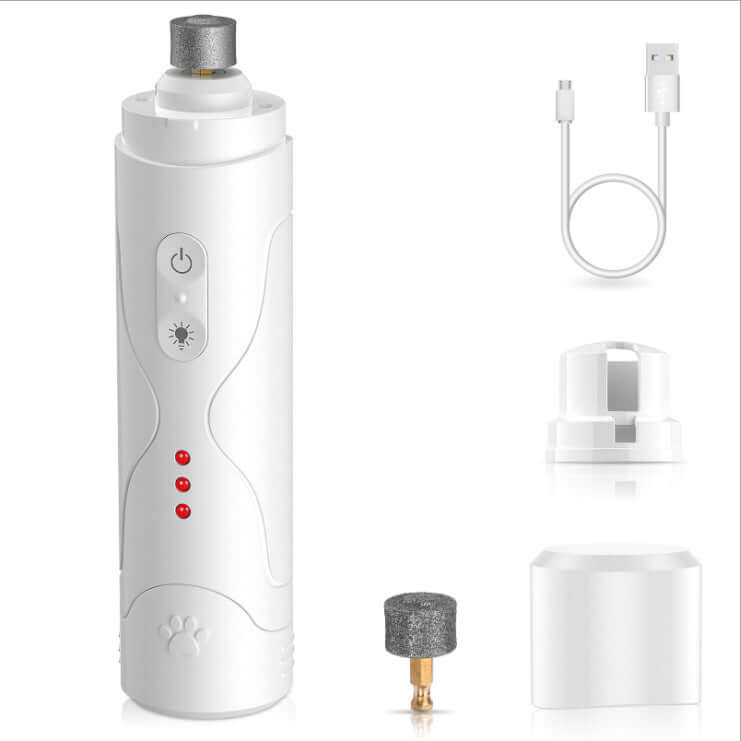 Electric nail grinder for pets in cylindrical white, includes USB charger and attachments for grooming dogs and cats.