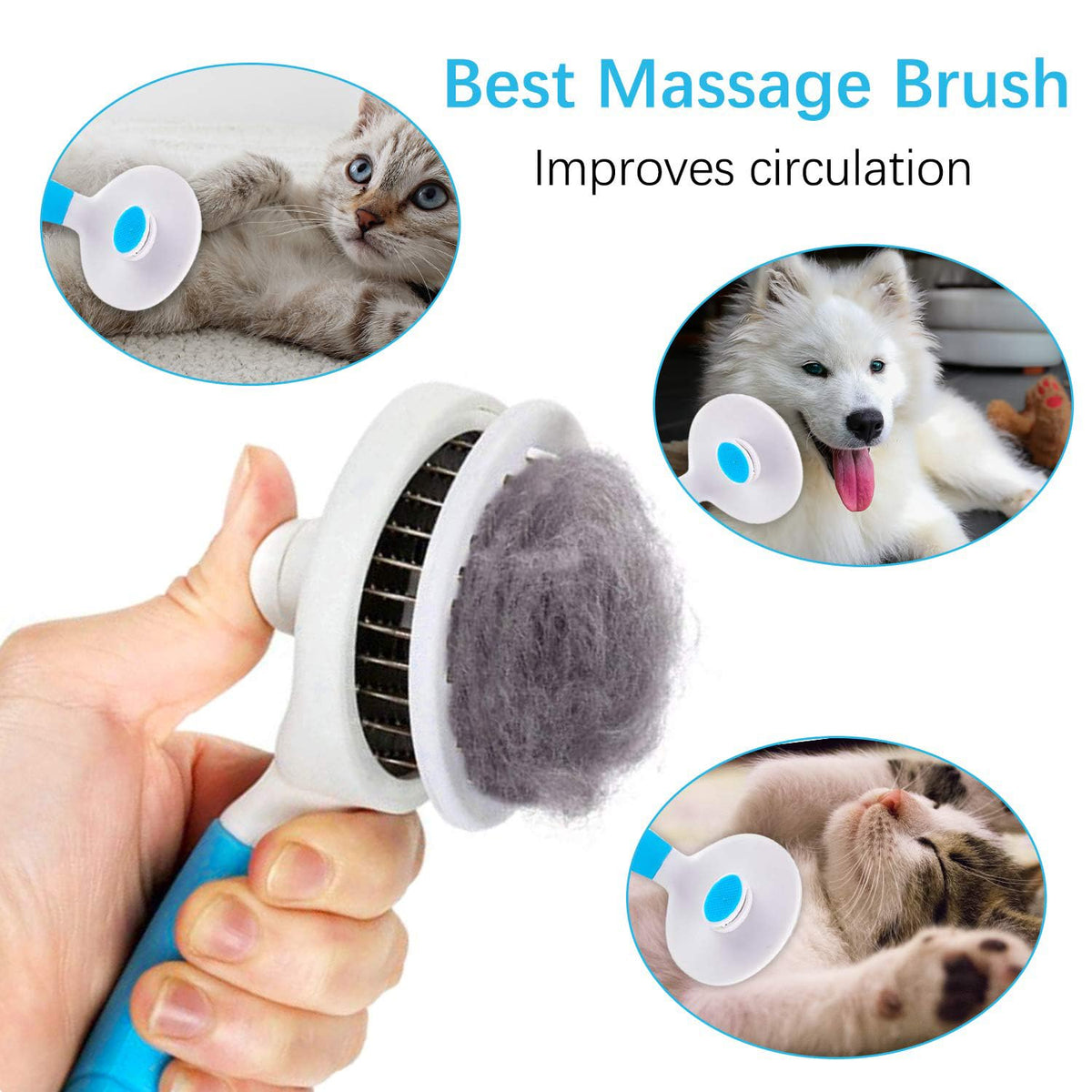 Cepillo autolimpiable para gatos en uso con mascotas, destacando sus funciones para retirar el pelo muerto y masajear.