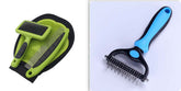 Pet hair removal comb set featuring a green cleaning brush and a blue rake for dogs and cats grooming.