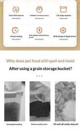 Image showing benefits of a vacuum-sealed pet food container for storing cat and dog kibble.