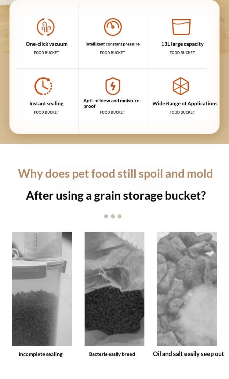 Image showing benefits of a vacuum-sealed pet food container for storing cat and dog kibble.